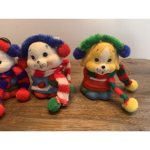 Vintage Giftco Animal Ceramic Bell Christmas Ornaments Set Cat Dog Bear Panda - Picture 2 of 14